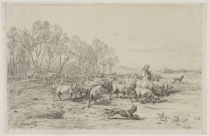 भेड़ के झुंड के साथ लैंडस्केप, 1800s। द्वारा चार्ल्स एमिले जेक