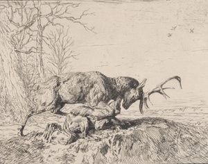 एंटोनी लुइस बैरी, 1846 के बाद स्टैग फाइटिंग ए वुल्फ। द्वारा चार्ल्स एमिले जेक
