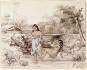 ताहितियन स्नान, 1844 (कलम और कागज पर धोना) द्वारा चार्ल्स गिरौद