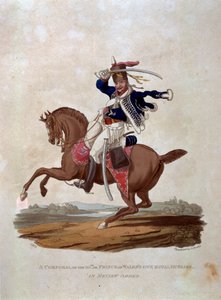 जेसी स्टैडलर, पब द्वारा उत्कीर्ण अंतिम नियमों 1812 के अनुसार, &39;ब्रिटिश साम्राज्य की सेना की वेशभूषा&39; से, रिव्यू ऑर्डर में 10 वीं की कॉर्पोरल या प्रिंस ऑफ वेल्स की खुद की रॉयल हसर्स द्वारा चार्ल्स हैमिल्टनस्मिथ