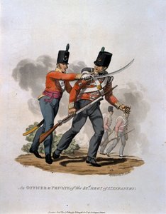 जे.एन. स्टैडलर द्वारा उकेरी गई अंतिम नियम 1812 की &39;ब्रिटिश साम्राज्य की सेना की वेशभूषा, ब्रिटिश साम्राज्य की वेशभूषा से, 53 वीं रेजीमेंट ऑफ लाइट इन्फैंट्री के एक अधिकारी और निजी द्वारा चार्ल्स हैमिल्टनस्मिथ