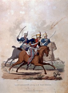 जेसी स्टैडलर द्वारा उत्कीर्ण, अंतिम नियम 1812 के अनुसार, ब्रिटिश साम्राज्य की सेना की वेशभूषा से, ईस्ट इंडीज की सेवा करने वाले लाइट ड्रेगन, 1812-15 को कोलगही अंड द्वारा प्रकाशित (रंग) द्वारा चार्ल्स हैमिल्टनस्मिथ