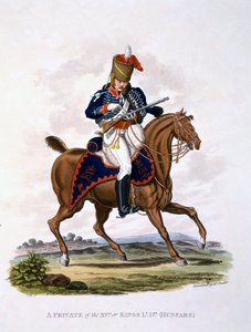 15 वीं या किंग्स लाइट ड्रेगन्स (हुसर्स) के एक निजी की वर्दी, &39;ब्रिटिश साम्राज्य की पोशाक, अंतिम विनियम के अनुसार&39; से, 1812-15 (हाथ से बने एक्वाटिंट) प्रकाशित