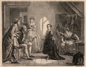 मैडेमोसेले क्लेयरन का बचपन: युवा क्लेयर-जोसेफ (क्लेयर जोसेफ) लेरिस (1723-1803) ने अभी-अभी देखे गए नाटक के छंदों का पाठ किया। वह "मैडेमोसेले क्लेयरन" या "" ला क्लेयरॉन" नाम से एक कॉमेडियन बन गईं। पेंटिंग से १८६२ की नक्काशी द्वारा चार्ल्स हाउसज़