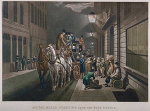 जनरल पोस्ट ऑफिस के बाहर मेल कोच, लोम्बार्ड स्ट्रीट, सिटी ऑफ़ लंदन, 1827 द्वारा चार्ल्स हंट