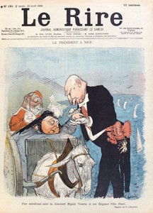 क्वीन विक्टोरिया (1819-1901) राष्ट्रपति फेलिक्स फॉरे (1841-99) के साथ फ़्लर्ट करती हैं, जबकि नीस में अपनी छुट्टी पर, &39;ले रेयर&39; मैगज़ीन का कवर, 23 अप्रैल 1898 द्वारा चार्ल्स लिएंड्रे