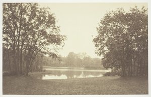 शीर्षक रहित, सी। 1850. [पेरिस के एक पार्क बोइस डी बोलोग्ने में पानी के पास पेड़]। द्वारा चार्ल्स मारविल