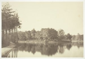 शीर्षक रहित, सी। 1850. [पेरिस के एक पार्क बोइस डी बोलोग्ने में पानी के पास पेड़]। द्वारा चार्ल्स मारविल
