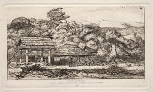 अकरोआ, बैंक्स प्रायद्वीप में मूल निवासी खलिहान और झोपड़ियाँ, 1845 द्वारा चार्ल्स मेरियन