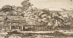 अकारोआ में नेटिव बार्न्स एंड हट्स, बैंक्स पेनिनसुला, 1845, 1860। द्वारा चार्ल्स मेरियन