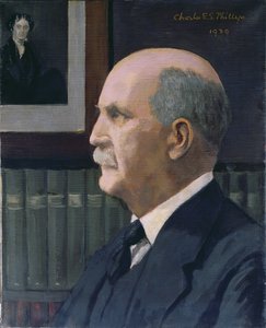 विलियम हेनरी ब्रैग (1862-1942) पृष्ठभूमि में माइकल फैराडे (1791-1867) की तस्वीर के साथ, 1939 द्वारा चार्ल्स फिलिप्स