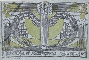ग्लासगो आर्किटेक्चरल एसोसिएशन, 1894 (लाइट ब्लू पेपर पर काले और हरे रंग में मुद्रित लिनोकुट) के लिए कॉन्वर्सज़िओन कार्यक्रम द्वारा चार्ल्स रेनी मैकिन्टोश