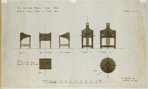 इनग्राम स्ट्रीट टी रूम्स, 1909 के लिए फ्रंट और साइड ऊँचाई में दिखाए गए डेस्क लिखने के लिए डिज़ाइन द्वारा चार्ल्स रेनी मैकिन्टोश