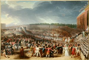 फ्रांसीसी क्रांति: "" 14 जुलाई 1790 को चैंप डे मार्स पर फेडरेशन का भ्रूण"" चार्ल्स थेवेनिन द्वारा पेंटिंग (1764-1838) 1790 सन 1,27x1,83 मीटर पेरिस, मुसी कार्नावलेट