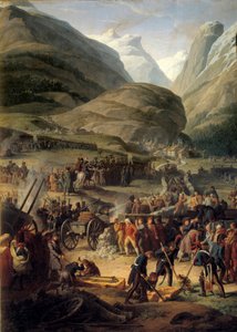 05/20/1800 को ग्रैंड सेंट-बर्नार्ड (ग्रैंड सेंट बर्नार्ड) को पार करने के लिए बौर्ग सेंट पियरे में फ्रांसीसी सेना - चार्ल्स थेवेनिन द्वारा पेंटिंग (1764-1838)