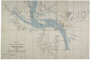जून 1864 में चार्ल्सटन हार्बर के गढ़ और चैनल दिखाते हुए स्केच, (ऑइलक्लॉथ पर स्याही) द्वारा चार्ल्स वी। बारटेले