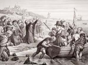 जुलाई 1620 में डेल्फ़ हेवन से तीर्थयात्रियों के पिस्तौल की दूरी, &39;अंग्रेजी और स्कॉटिश इतिहास के उदाहरण&39; वॉल्यूम I (उत्कीर्णन)