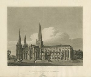 लिचफील्ड कैथेड्रल - साउथ ईस्ट व्यू: एक्वाटिंट एनग्रेविंग, 1813 द्वारा चार्ल्स वाइल्ड