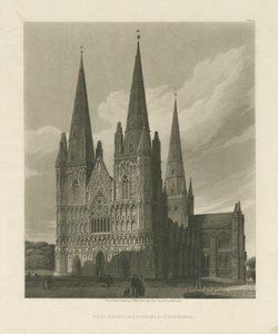 लिचफील्ड कैथेड्रल - वेस्ट फ्रंट: एक्वाटिंट एनग्रेविंग, 1813 द्वारा चार्ल्स वाइल्ड