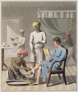 एक जेंटलमैन ड्रेसिंग, जिसमें उनके हेड बियरर और अन्य नौकर शामिल थे, &39;द यूरोपियन इन इंडिया&39; से प्लेट 4, 1813 (हाथ से बने एक्वाटिंट) प्रकाशित