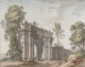 1782 में चेटो डी एंघियन, बेल्जियम में गार्डन के लिए एक विजयी आर्क के लिए डिजाइन।