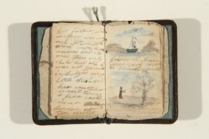 कहानी की शुरुआत "एक बार एक छोटी लड़की थी और उसका नाम एने था, c.1828 (कागज पर कलम और स्याही और पानी के रंग)