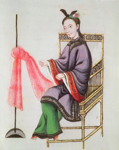 मछली पकड़ने का जाल बनाने वाली एक चीनी महिला, Qianlong अवधि (1736-96) (कागज पर गौचे) द्वारा चीनी स्कूल