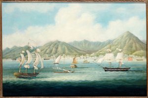 ब्रिटिश जहाजों और अन्य वेसल्स के साथ विक्टोरिया, हांगकांग का एक दृश्य, c.1850 द्वारा चीनी स्कूल