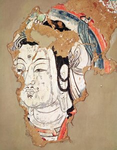काओ-चांग, झिंजियांग, चीनी तुर्केस्तान, 8 वीं -9 वीं शताब्दी से एक हेलो के साथ बुद्ध का प्रमुख द्वारा चीनी स्कूल