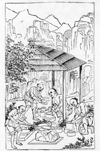 चीन के निर्माण के चित्रों की एक श्रृंखला से भट्टी में रहते हुए मोटे मिट्टी के मामले बनाना, (पूरी श्रृंखला के लिए 384116 और 384117 देखें) द्वारा चीनी स्कूल
