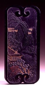 हू काई-वेन, चिंग राजवंश 1644-1912, हुई-चो, अनहुई, 1774 (नक्काशीदार और सोने का पानी चढ़ा हुआ स्याही) के परिवार कार्यशाला के रिवर्स, निशान और मुहर पर एक परिदृश्य दृश्य और शाही कविता के साथ आयताकार स्याही-केक द्वारा Chinese School