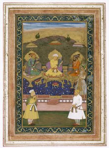 सम्राट अकबर, जहाँगीर, और शाहजहाँ अपने मंत्रियों और राजकुमार दारा शिकोह के साथ, c.1630-40 द्वारा Chitarman