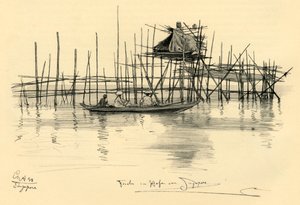 सिंगापुर हार्बर, 1898 में स्टिल्ट्स और मछुआरों पर हाउस। द्वारा क्रिश्चियन विल्हेम एलर्स
