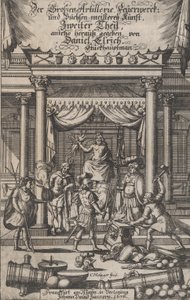 शीर्षक पृष्ठ, 'द ग्रेट आर्टिलरी फायरवर्क्स...', 1676। द्वारा क्रिस्टोफ़ मेट्ज़गेर