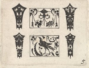 एक सममित Schweifwerk पैटर्न के साथ ब्लैकवर्क प्रिंट, ca. 1620। द्वारा जाँज विसेर का दावा