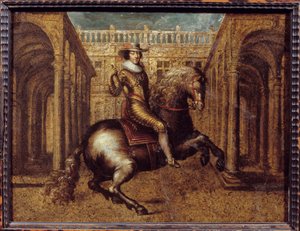गैस्टन डी'ऑर्लियन्स (1608-1660) का अश्वारोही चित्र, लुई XIII के भाई अंजु के ड्यूक। क्लाउड डेरुएट द्वारा चित्रकारी (1588-1662) द्वारा क्लाउड डेरुएट