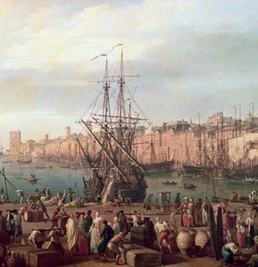 मार्सिले के इनर पोर्ट का सुबह का नजारा और हॉर्ल डू पार का मंडप, 1754 (156103 का विस्तार) द्वारा क्लाउड जोसेफ वर्नेट
