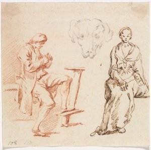 अध्ययन की शीट: बैठा हुआ आदमी, एक कुत्ते का सिर, महिला, 1700s। द्वारा क्लाउड जोसेफ वर्नेट