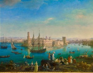1754 में मार्सिले के बंदरगाह का प्रवेश। जोसेफ वर्नेट द्वारा पेंटिंग (1714-1789) विवरण द्वारा क्लाउड जोसेफ वर्नेट