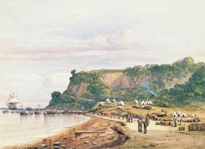 HMSBellerophon, 17 जुलाई 1854 से क्रीमिया युद्ध (जल रंग) में काला सागर पर वरुवा में ब्रिटिश और फ्रांसीसी सैनिकों की लैंडिंग द्वारा कर्नल बेन हालेवेल