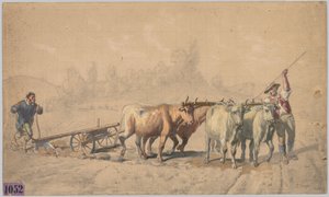 चार बैलों का हल चलाना, 1853।