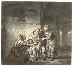 लूत और उसकी बेटियाँ (उत्पत्ति 19:33) (काली और लाल चाक, कलम और भूरी स्याही) द्वारा कॉन्स्टेंटिन डैनियल वैन रेनसे