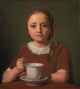 पोर्ट्रेट ऑफ़ ए लिटिल गर्ल, एलीस कोबके, उसके सामने एक कप, 1850