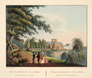 बगीचे से देखने के लिए Soestdijk में Lustslot। Maison de plaisance de Soestdijk पुरस्कार डु कोटे डु जार्डिन, 1825 (हाथ से रंग की अंगरखा)
