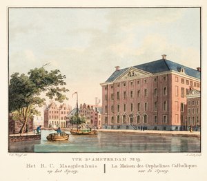एम्स्टर्डम नंबर १ का दृश्य। Het RC Maagdenhuis op het Spuij। स्पूज पर कैथोलिक अनाथों की सभा, 1825 (हाथ से सजी रंग की नक्काशी)