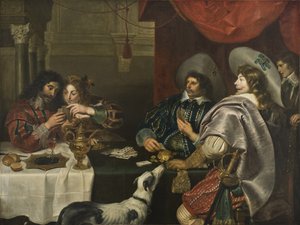 द कार्ड गेम - द कार्ड गेम, वोस, कॉर्नेलिस डे (1584-1651) द्वारा। तेल के रंगों से केन्वस पर बना चित्र। आयाम: 171x228 सेमी। राष्ट्रीय संग्रहालय स्टॉकहोम द्वारा कॉर्नेलिस डी वोस