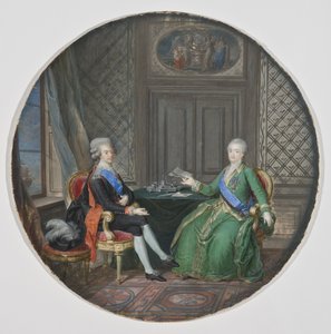 गुस्ताव III डी सुएड (1746-1792) और कैथरीन II डी रूसी (1729-1796) और फ्रेडरिकशमन (एक्ट्यूएल हमीना, फिनलैंड) - स्वीडन के राजा गुस्ताव III और फ्रेडरिकशमन में रूस के कैथरीन द्वितीय, होयर, कॉर्नेलियस (1741-1804) द्वारा। . चर्मपत्र पर जल रंग द्वारा कॉर्नेलियस होयर