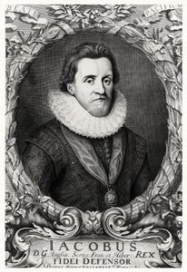 जेम्स I का चित्रण, ग्रेट ब्रिटेन के राजा, R.White, 1669 द्वारा उकेरा गया द्वारा जॉनसन के बाद कॉर्नेलियस I