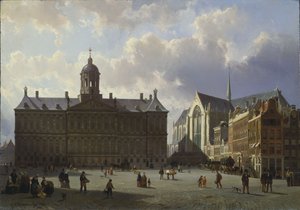 रॉयल पैलेस, एम्स्टर्डम, 1855 के साथ डैम स्क्वायर द्वारा कॉर्नेलिस स्प्रिंगर
