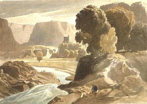 PD.4-1967 एक महल के साथ पहाड़ी परिदृश्य (संभवतः वेल्स में एक दृश्य), c.1802-3 (कागज पर पानी के रंग और पेंसिल) द्वारा कॉर्नेलियस वर्ली